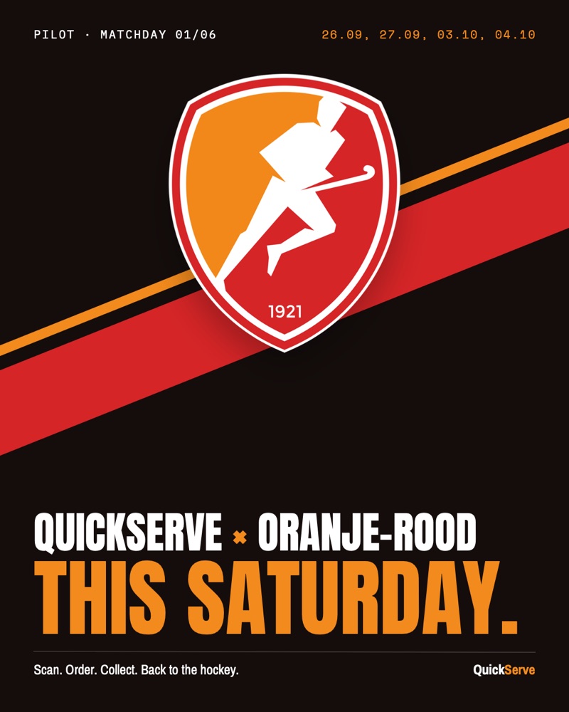 Pilot poster: QuickServe x Oranje-Rood, this Saturday.